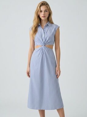 Striped Blue Twist-Front Midi Dress